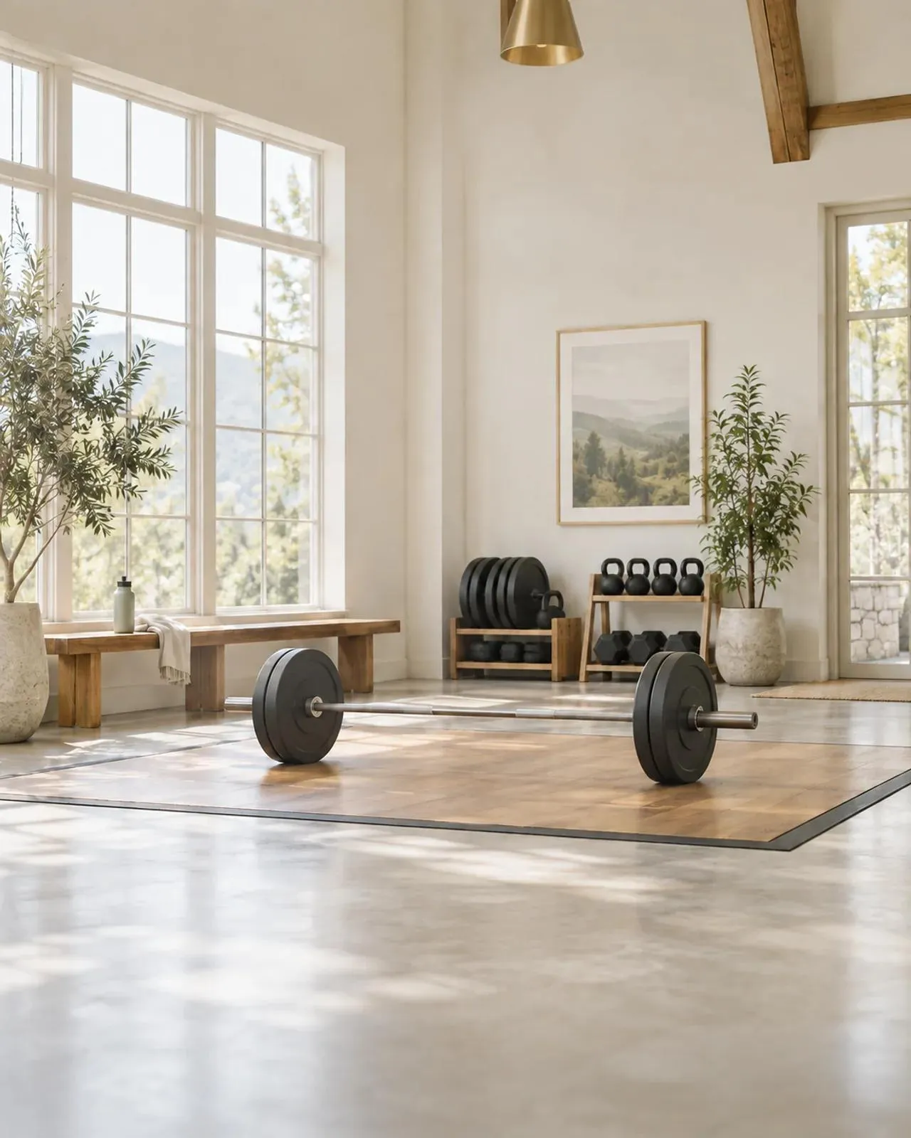 Barbell on a wooden platform in a bright strength-training space