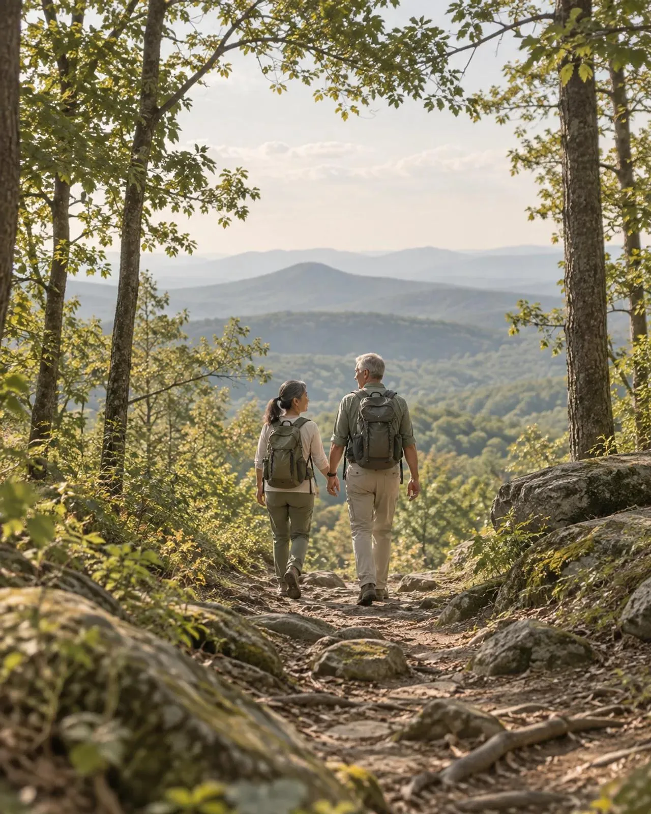 Couple hiking a wooded trail in the North Georgia foothills