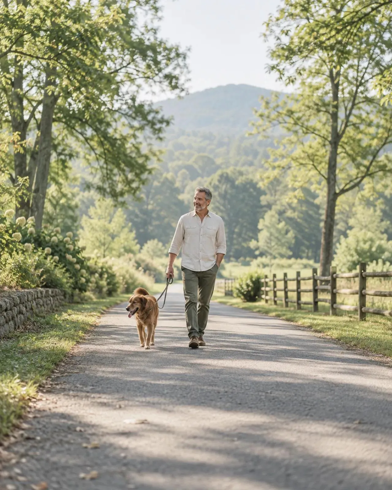 Man walking a dog along a tree-lined country road