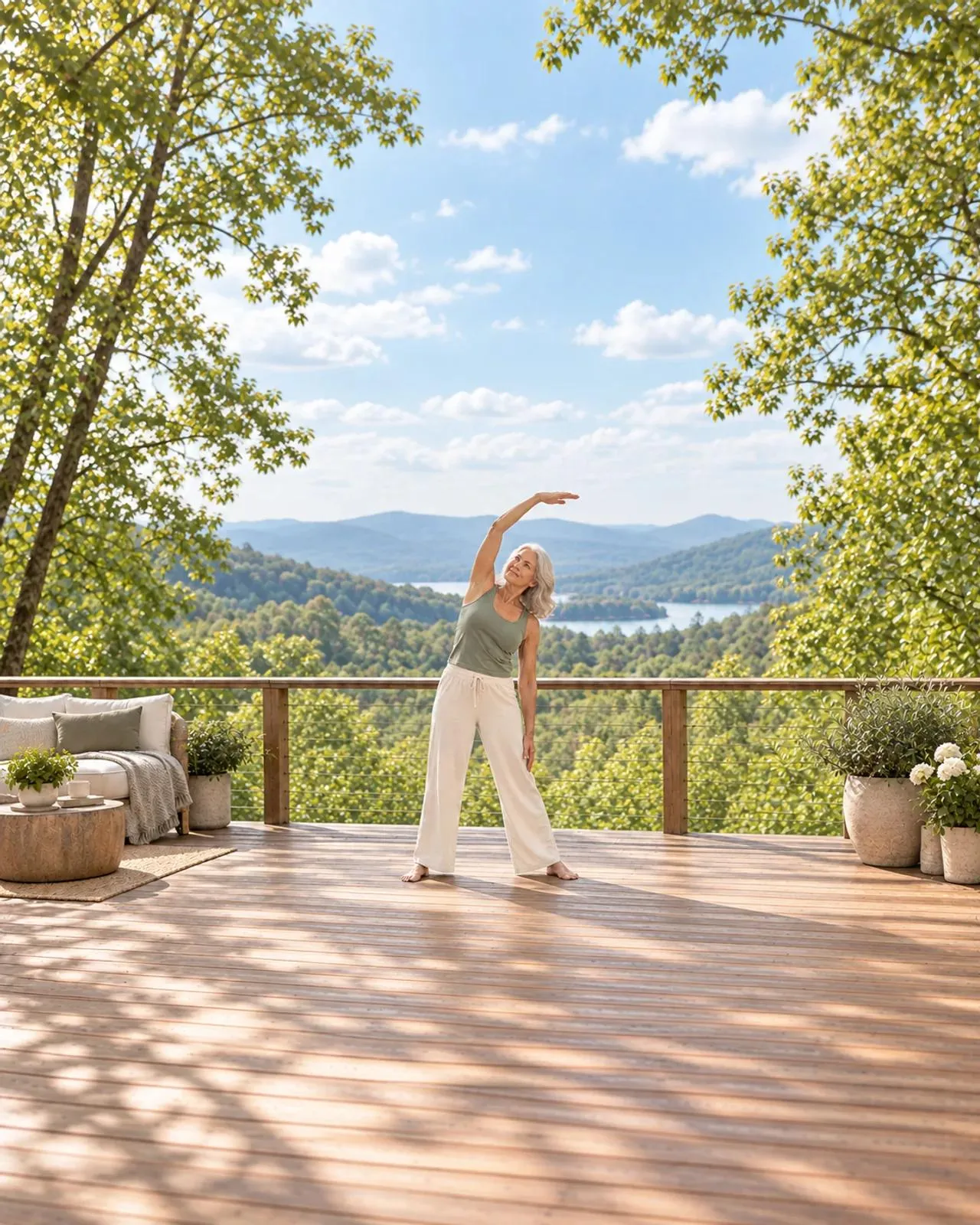 Older woman stretching on a deck overlooking green foothills