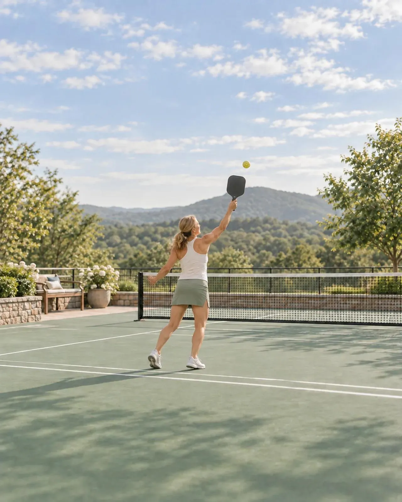Woman reaching overhead with a pickleball paddle on an outdoor court