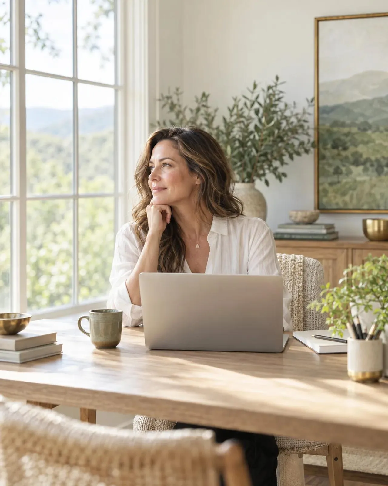 Woman looking toward a window at a bright home desk