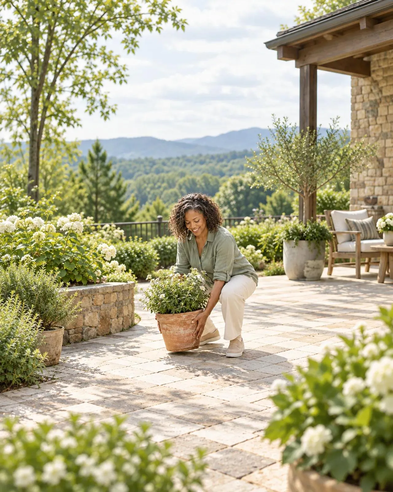 Woman lifting a terracotta planter in a sunlit garden